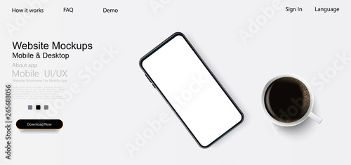 Mobile phone with  and coffee cup on white background.  Mockups to showcase your web-site design