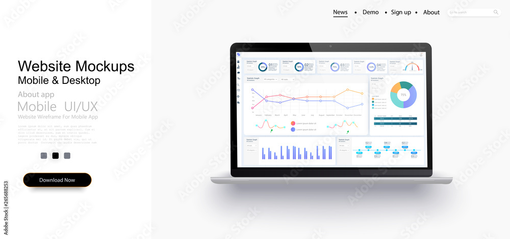 Laptop showing charts and graph, analysis business accounting, statistics concept. Digital marketing, business analysis. Data growth diagram. Business website modern ui. Presentation template. Vector