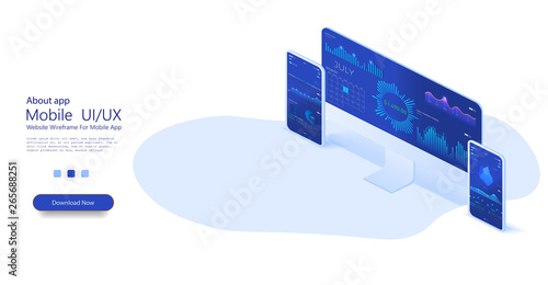 Data analysis landing page. Online statistics and data Analytics. Digital money market, investment, finance and trading. Perfect for web design, banner and presentation. Isometric 