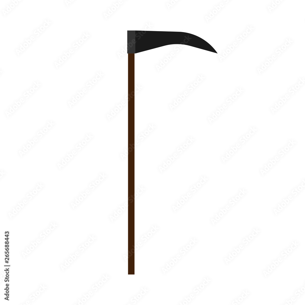 Scythe black gardening harvest tool flat icon vector. Field sharp work cutter Scythe black gardening harvest tool flat icon vector. Field sharp work cutter