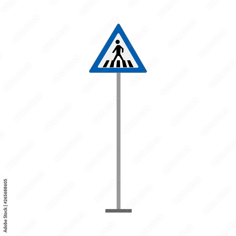 Crosswalk road sign transportation regulation attention vector blue icon. Town walkway control zebra sidewalk warning Crosswalk road sign transportation regulation attention vector blue icon. Town walkway control zebra sidewalk warning