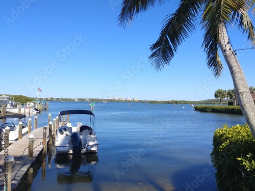 Beautiful scenic waterfront under a bright blue sunny sky