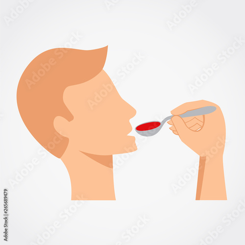 Man taking a liquid medicine poured into a spoon. Simple flat vector icon.