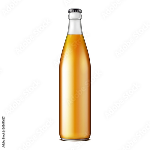 Glass Beer Lemonade Cola Clean Bottle Yellow Brown. Carbonated Soft Drink. Mock Up Template. Illustration Isolated On White Background. Ready For Your Design. Product Packaging. Vector EPS10