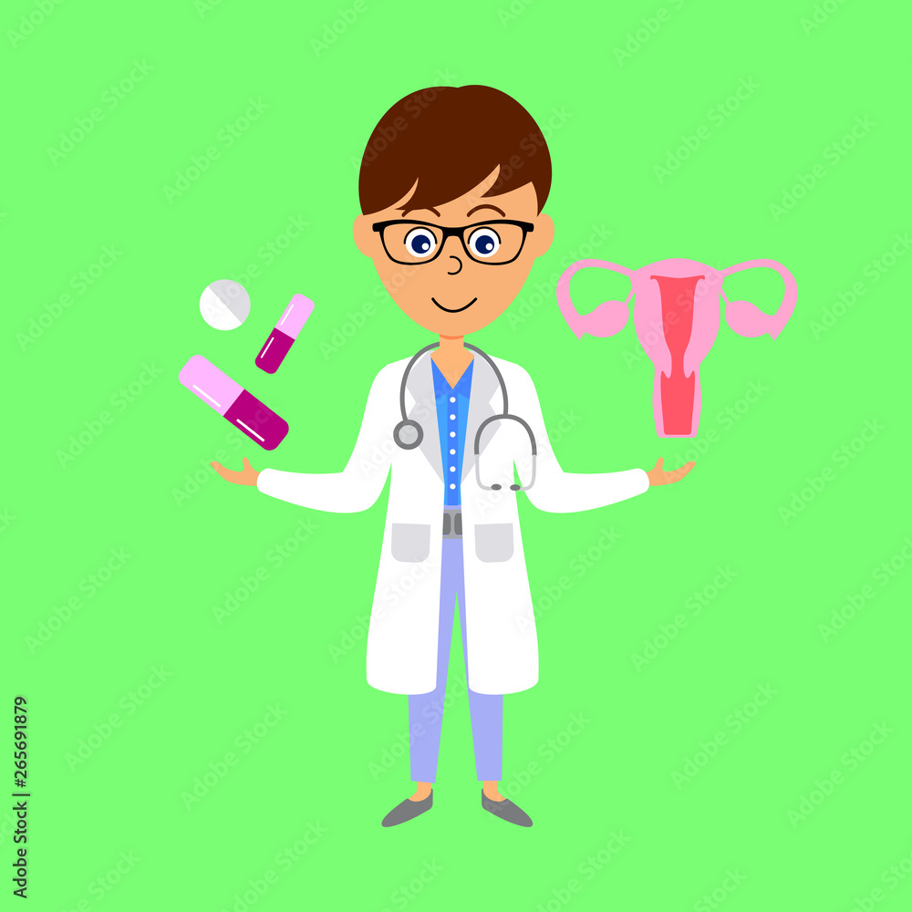 Cartoon doctor, uterus and medicine. Healthcare concept. Flat vector illustration. Cartoon doctor, uterus and medicine. Healthcare concept. Flat vector illustration.
