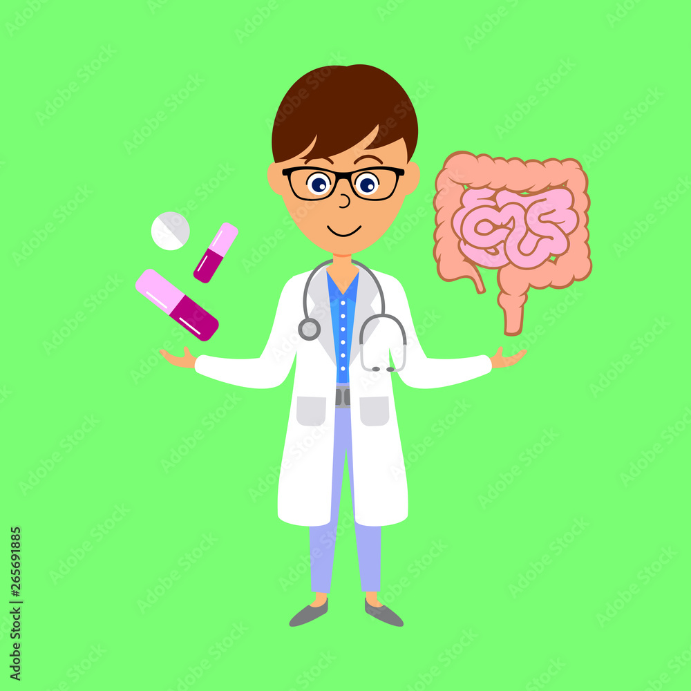 Cartoon doctor, large and small intestines and medicine. Healthcare concept. Flat vector illustration. Cartoon doctor, large and small intestines and medicine. Healthcare concept. Flat vector illustration.