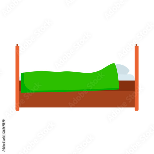 Bed side view vector icon comfortable apartment. Bedding room luxury pictogram mattress interior. Flat wooden furniture