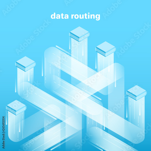 isometric vector image on blue background, data platform consisting of rectangles and lines, data analysis and processing, cluster system, routing