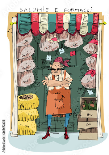 A traditional italian food store full of sausages, bacon, cheese and others tradition delicious. A facade of a vintage grocery shop. Caricature. Cartoon.