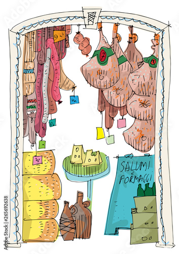 A traditional italian food store full of sausages, bacon, cheese and others tradition delicious. A facade of a vintage grocery shop. Caricature. Cartoon.