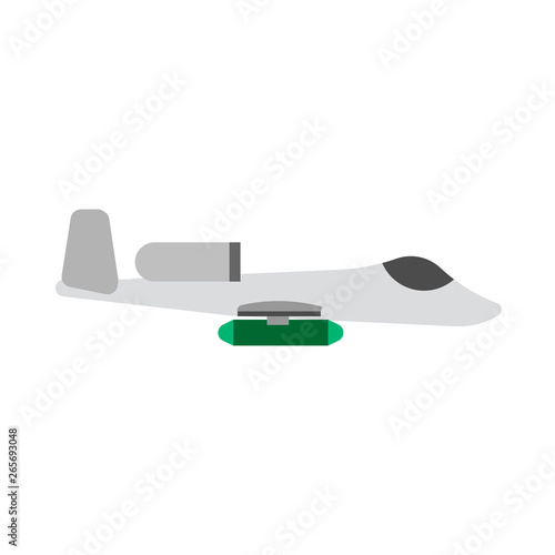 Jet fighter illustration transport warplane engine. Warfare military vehicle vector icon side view.