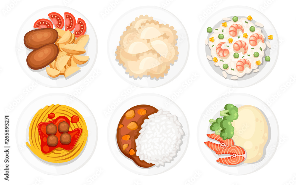 Different dishes on the plates. Traditional food from around the world. Icons for menu logos and labels. Flat vector illustration isolated on white background
