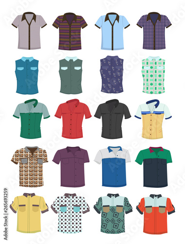 Set of summer short sleeve shirts and shirts without sleeves, different models, isolated on white background.