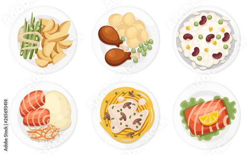 Different dishes on the plates. Traditional food from around the world. Icons for menu logos and labels. Flat vector illustration isolated on white background