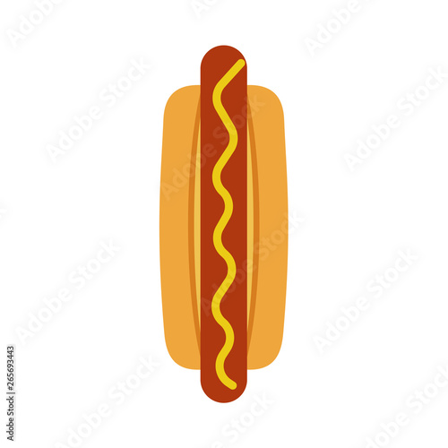 Hot dog dinner unhealthy delicious fastfood top view vector icon. Graphic food red sausage breakfast with yellow sauce.