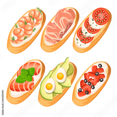 Set of Bruschetta with different ingredients - salmon, tomatoes, shrimps, meat, parmesan. Classic Italian food, delicious appetizer. Flat vector illustration isolated on white background