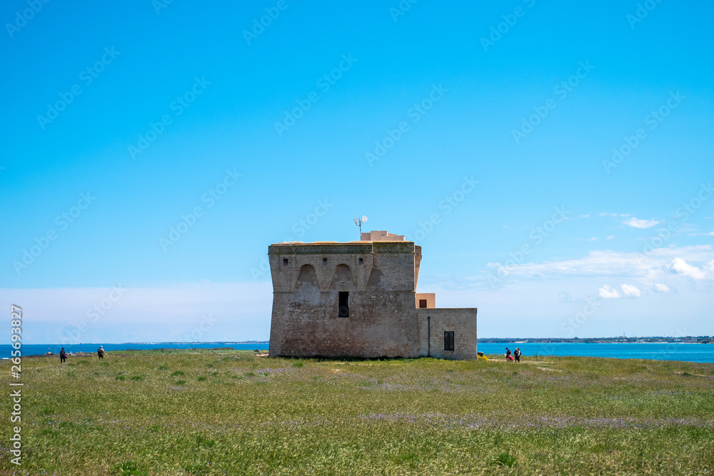 Torre Guaceto surrounded by greenery with blue sea in background. Protected Marine Area. Coastal and marine nature reserve with a defensive tower of the 16th century. Brindisi, Puglia (Apulia), Italy