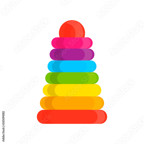 Ring stacker wooden toy rainbow pyramid vector icon. Educational visual baby assembled building tower illustration