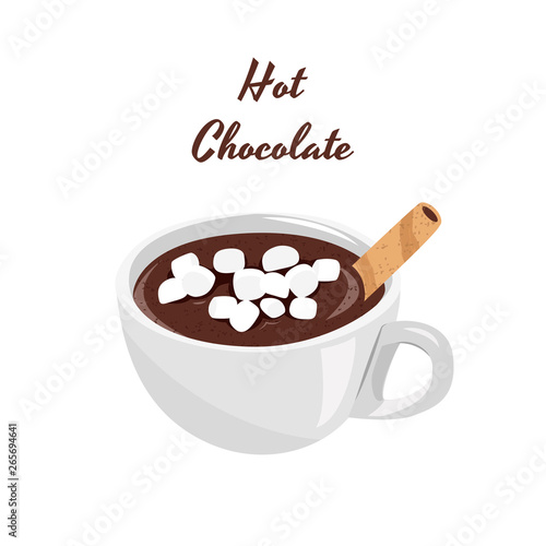 Hot chocolate with marshmallows in white cup. Realistic vector illustration.