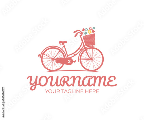 Retro bike with basket and flowers, logo design. Bicycle, cycle or velocipede, vector design and illustration