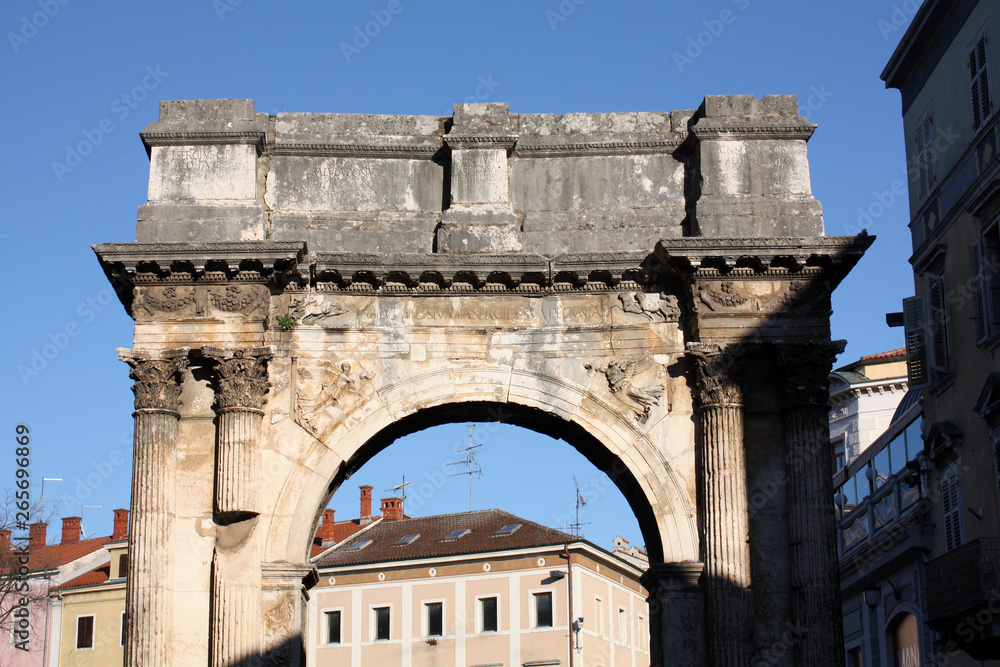 The Triumphal Arch of the Sergi in Pula.  Late Hellenistic Roman building. Golden Gate.