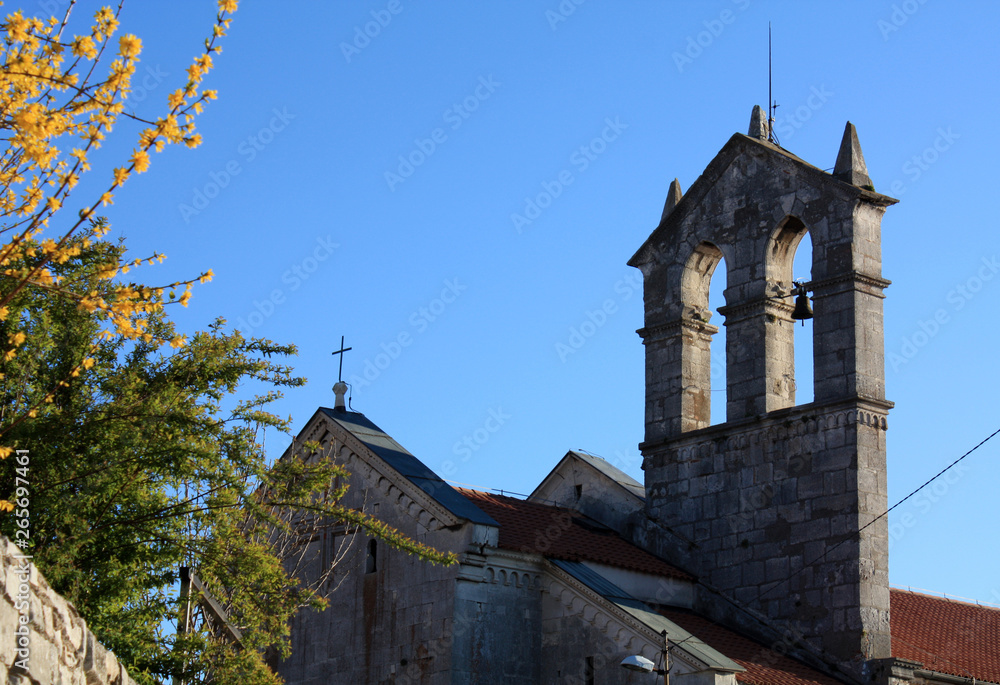 Church with bell tower in Pula view in spring time with blooming forsythia. Church with bell tower in Pula view in spring time with blooming forsythia.