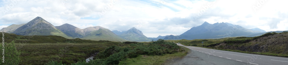 Long Panorama of a mountainous landscape with clouds, Isle of Skye Scotland