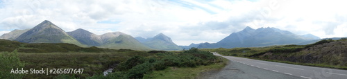 Long Panorama of a mountainous landscape with clouds, Isle of Skye Scotland