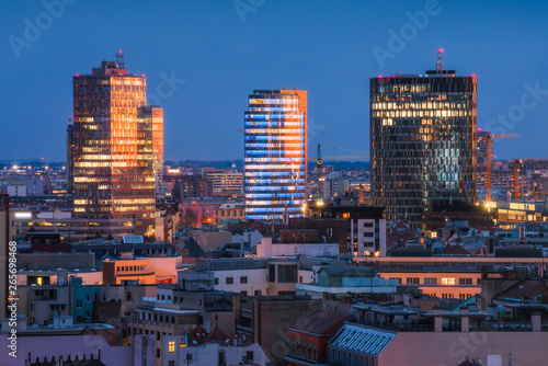 Sticker Cityscape of Bratislava, Slovakia with Modern Office Buildings at Twilight