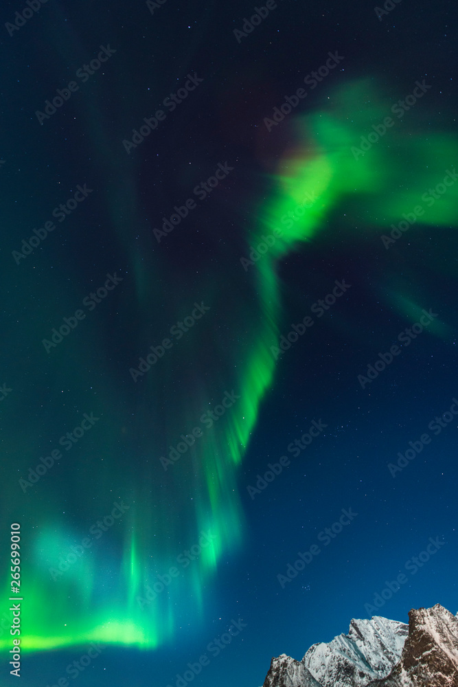 Green aurora borealis northern lights on dark blue sky