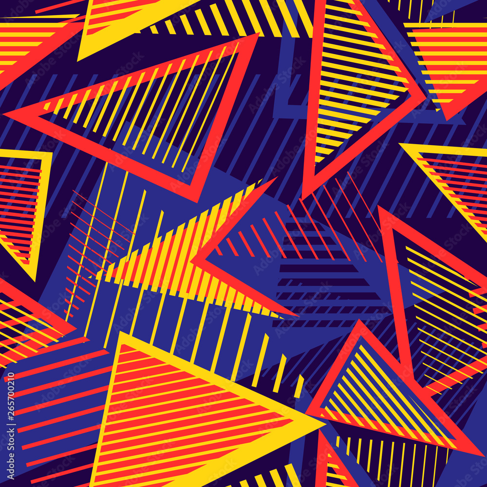 Sport style abstract vector seamless pattern with geometric lines, triangles, stripes. Urban art texture. Trendy colorful graphic background for boys and girls. Bright colors, yellow, red, blue, black Sport style abstract vector seamless pattern with geometric lines, triangles, stripes. Urban art texture. Trendy colorful graphic background for boys and girls. Bright colors, yellow, red, blue, black