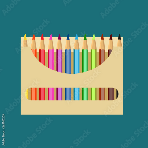 Pencil box vector icon art design education. Color draw school paper set equipment. Bright wooden tool packaging supplies