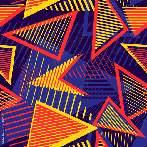 Sport style abstract vector seamless pattern with geometric lines, triangles, stripes. Urban art texture. Trendy colorful graphic background for boys and girls. Bright colors, yellow, red, blue, black