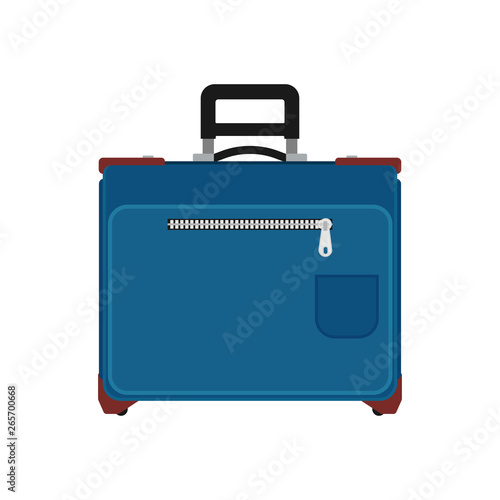 Suitcase travel front view vector icon. Baggage vacation bag isolated white. Journey handle blue trolley valise