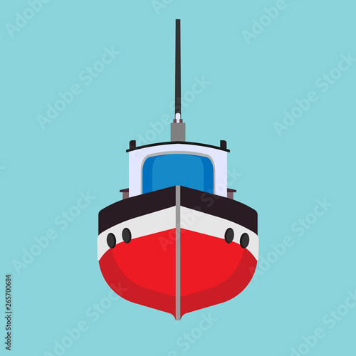 Tug boat vector icon transportation vessel sea. Marine ship industry freight. Tow mini tanker flat cartoon front view