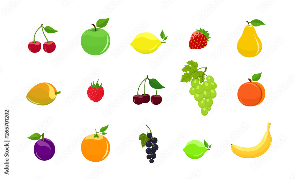 set of cartoon colorful garden and tropical fruits set of cartoon colorful garden and tropical fruits