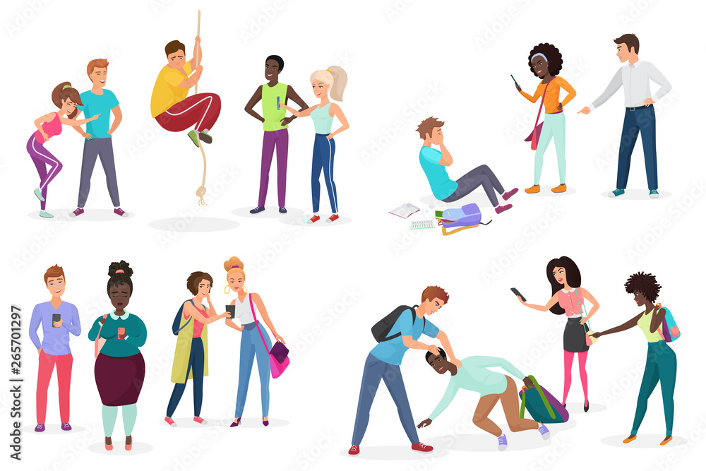 Group school students bullying their groupmates. People discrimination, racism and negative communication in school and society concept vector illustration.