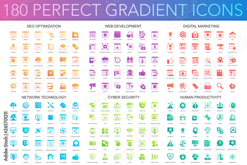 180 trendy perfect gradient icons set seo optimization, web development, digital marketing, network technology, cyber security, human productivity.