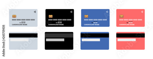 Bank plastic credit or debit contactless smart charge card front and back sides with EMV chip and magnetic stripe. Blank design template mockup. Vector illustration set