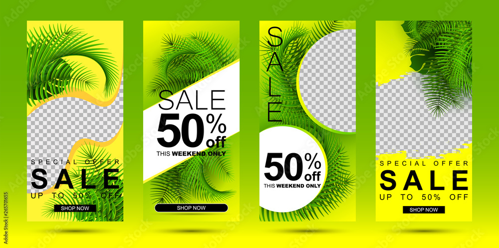 Instagram stories sale banner template. Tropical summer sale background with palm leaves and place for photo.