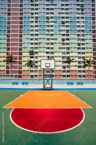 Choi Hung Estate Car Park, narrow apartments in the public housing estate in Hong Kong, with a basketball court. Most popular place for tourists. Empty area, no people