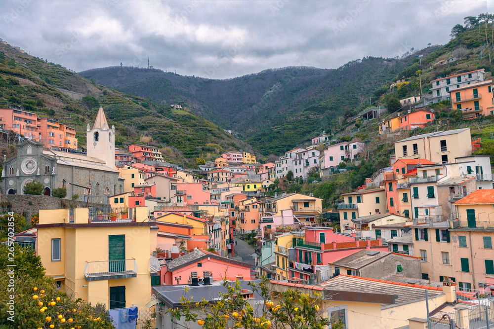 View of the colored houses of Riomaggiore, Cinque Terre, Liguria, Italy