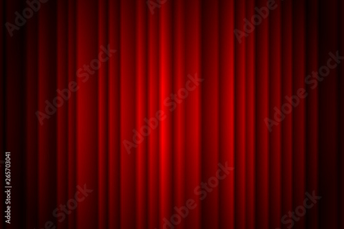 Closed red curtain stage background spotlight beam illuminated. Theatrical drapes. Vector illustration