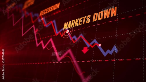 Recession, business crash, markets down, economic collapse and stock crisis concept. Red dynamic downward trend chart. 3d seamless and loopable animation.