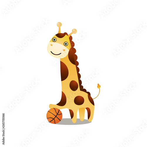 Cute smiling giraffe play basketball with red ball