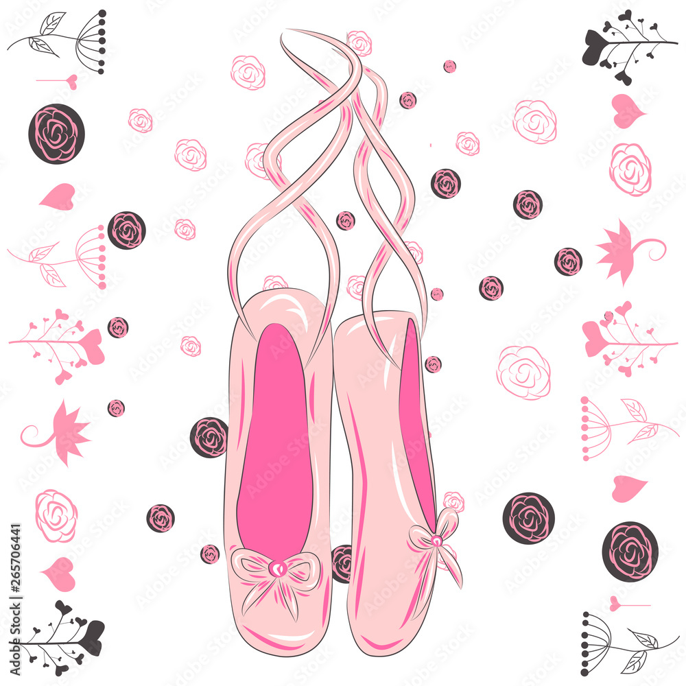 Hanging pink ballet shoes illustration made in outline style Hanging pink ballet shoes illustration made in outline style