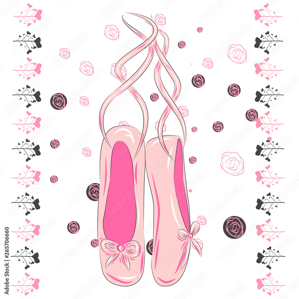 A set of ballet pointes shoes. Ballet shoes. A set of ballet pointes shoes. Ballet shoes.