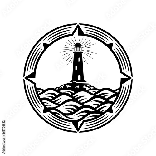 Lighthouse, Compass, Wave, Circle Logo Design Template. Vector Illustration.