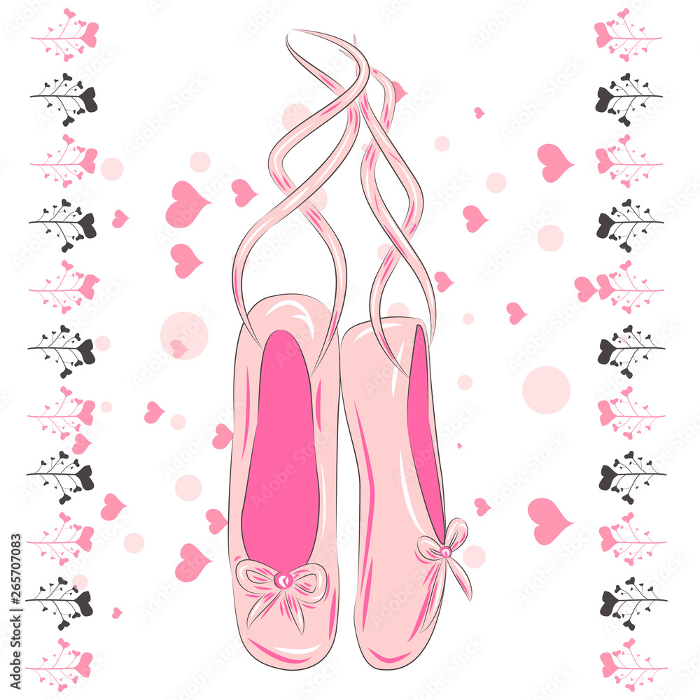 Sketch silhouette hand drawn pointes shoes, bow in pink colors.