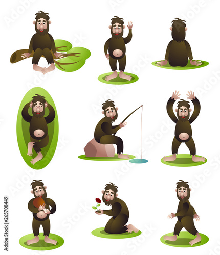 Set of yeti or bigfoot character in different daily situation